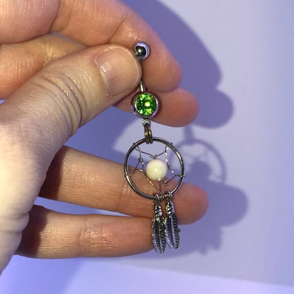 Peridot green with white bead Dream Catcher Dangle Belly Ring - Picture 1 of 8